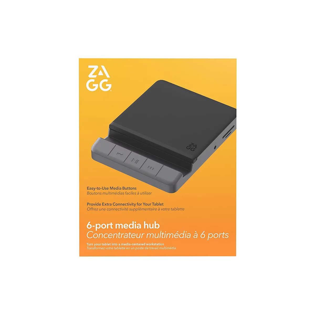 Schwarzer Tablet-Hub mit Medienknöpfen auf orangefarbenem Hintergrund. Text zeigt Funktionen wie 6-Port-Media-Hub.