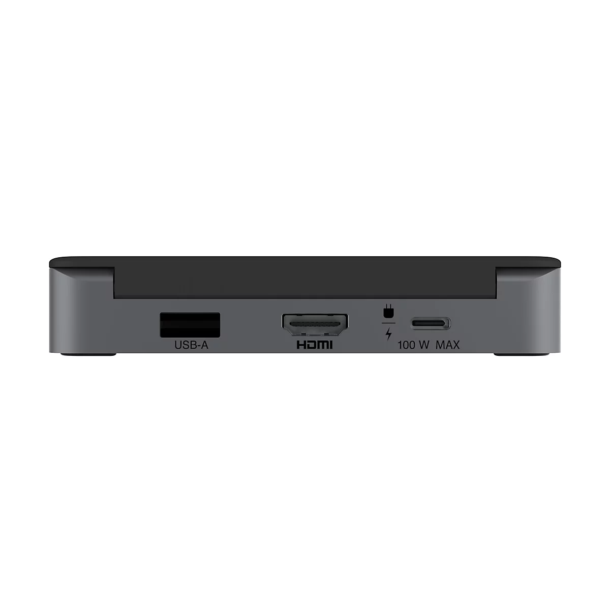 Auf weißem Grund, ein grauer Multimedia-Player mit Anschlüssen: USB-A, HDMI und Stromanschluss.