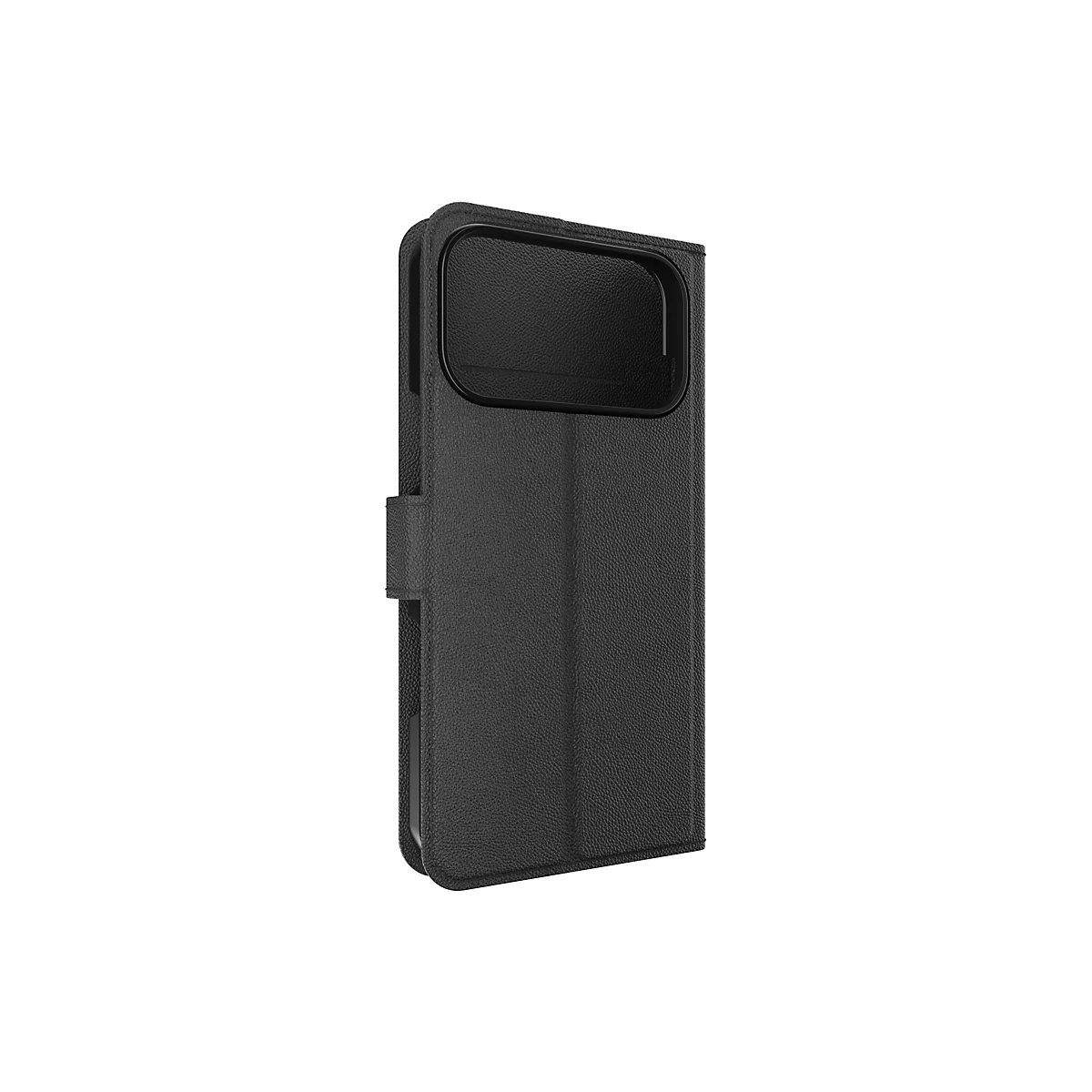 Schwarzes Handy-Case im Leder-Look mit Magnetverschluss. Das Case umschließt das Handy komplett, mit Aussparung für die Kamera.