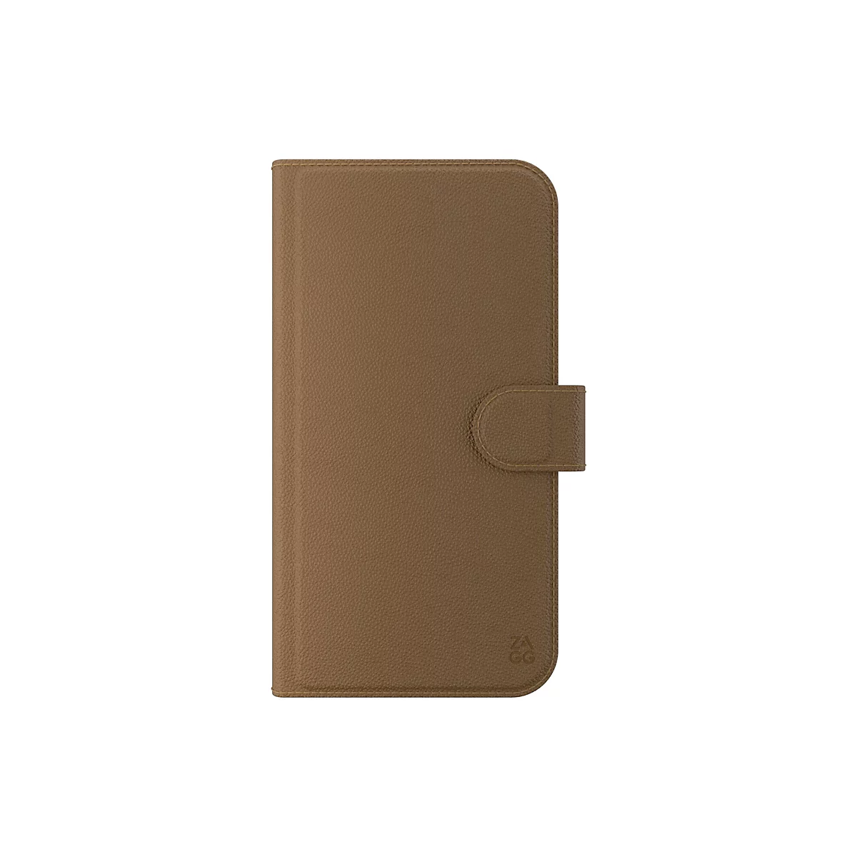 Étui de téléphone marron avec une texture simili cuir, un rabat et des coutures décoratives. Logo en bas à droite.