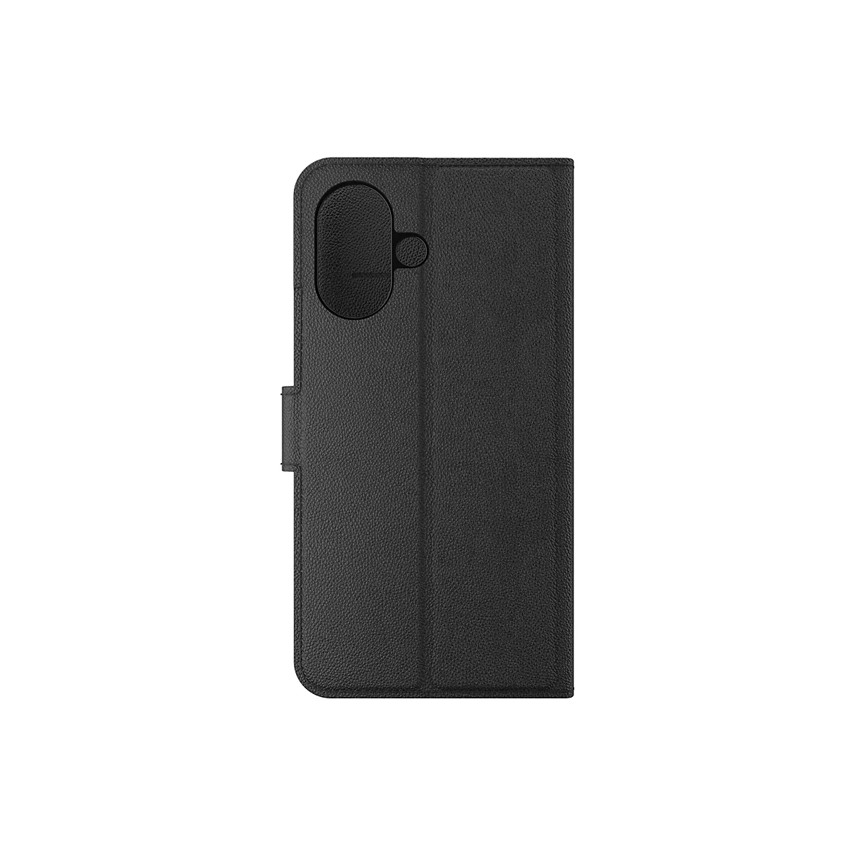 Étui de téléphone noir avec fonction de pliage ; découpe de l'appareil photo et languette.