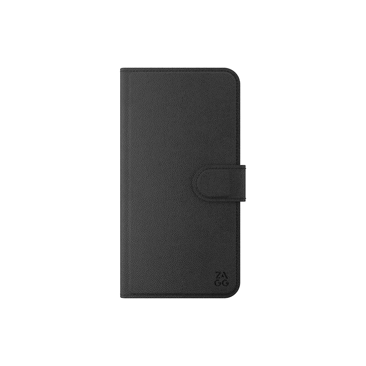 Coque de téléphone noire avec rabat et fermeture à bouton-pression. La surface a une texture semblable au cuir. Le logo "ZAGG" est visible en bas à droite.