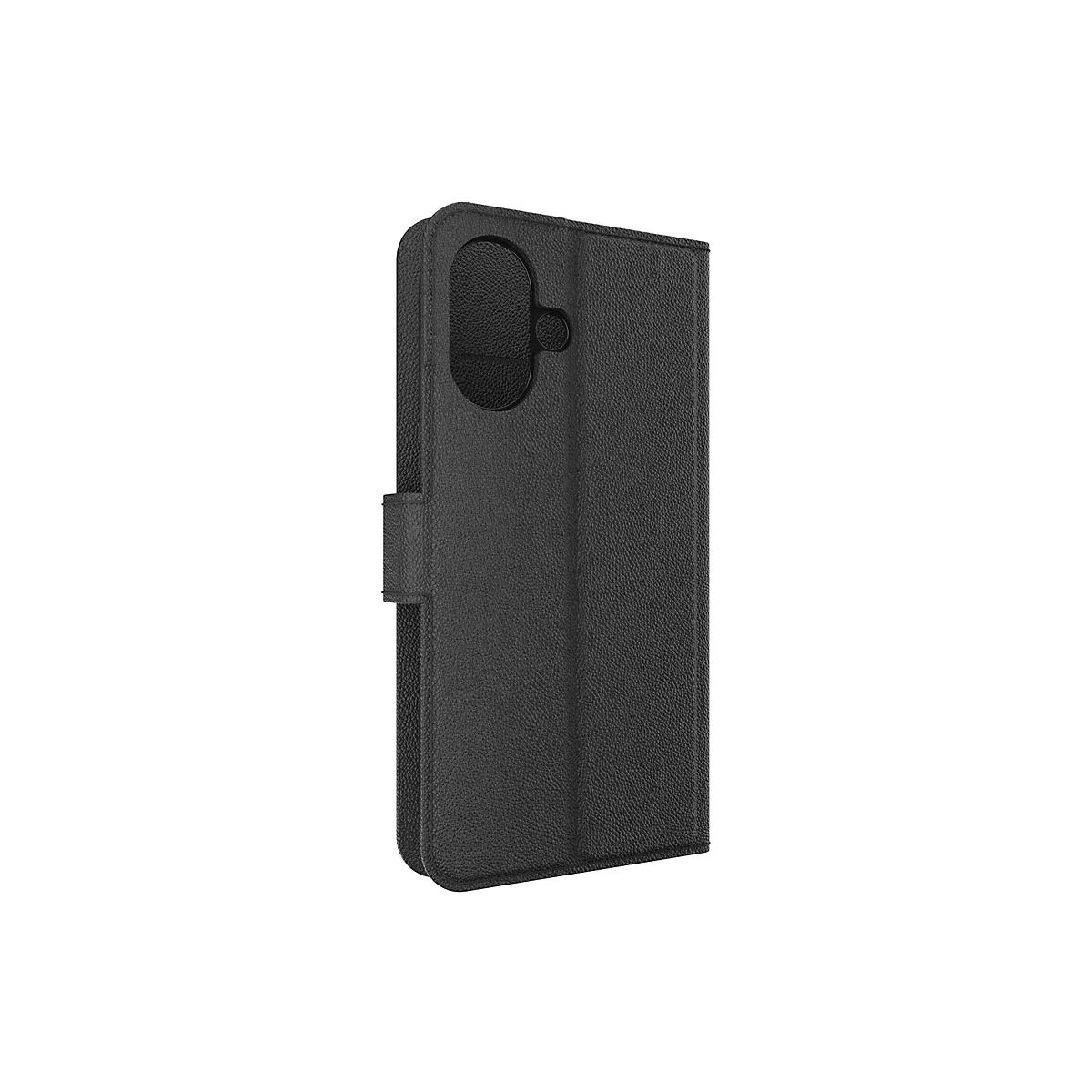 Étui de téléphone en cuir noir. L'étui est fermé et a une texture semblable à celle du cuir. Le design comprend une découpe pour l'appareil photo.