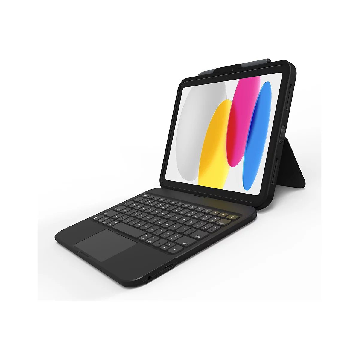 Tablette noire avec clavier, configurée. Des formes colorées sont visibles sur l'écran.