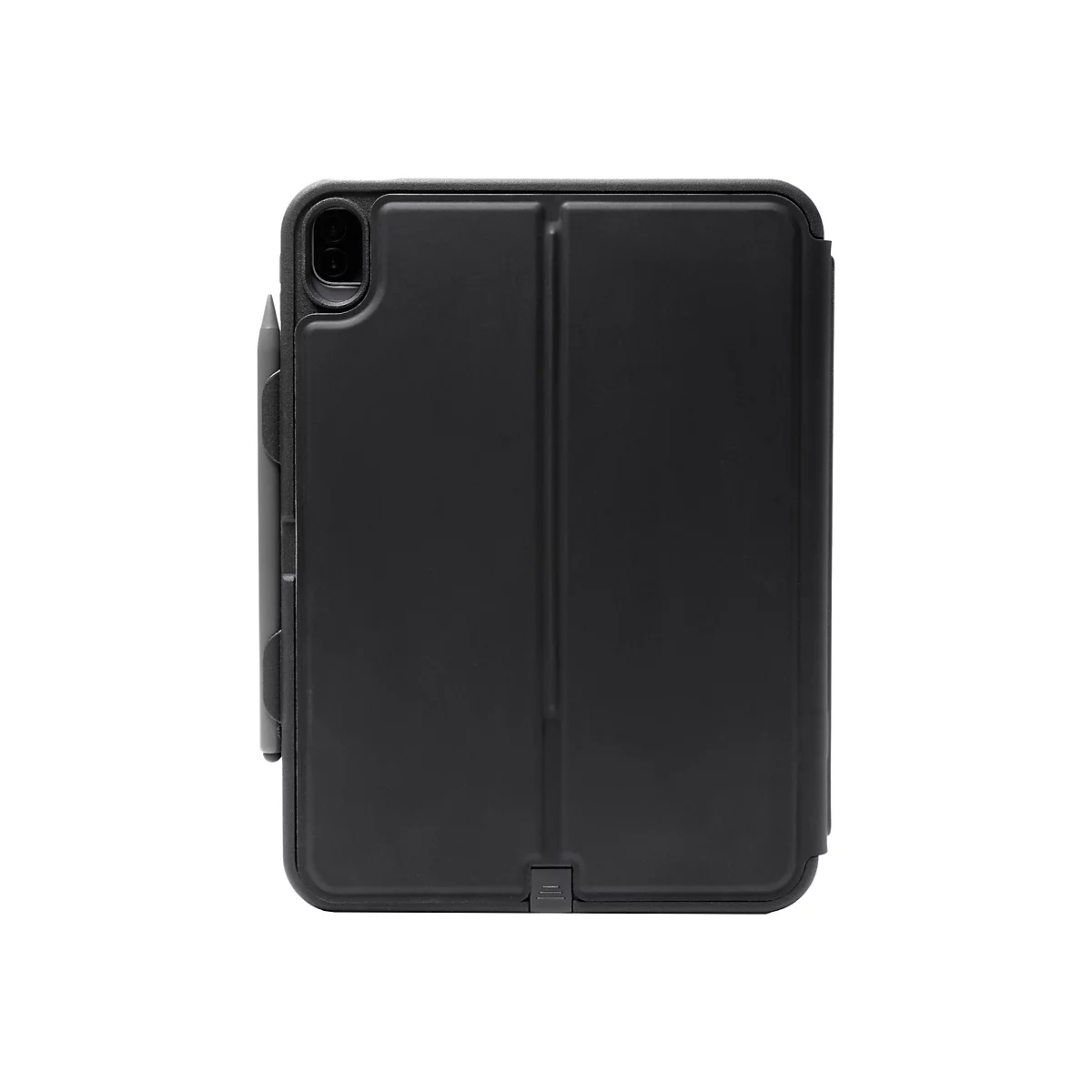 Étui pour iPad noir avec une boucle pour stylo et un couvercle fermé, posé sur un fond blanc.