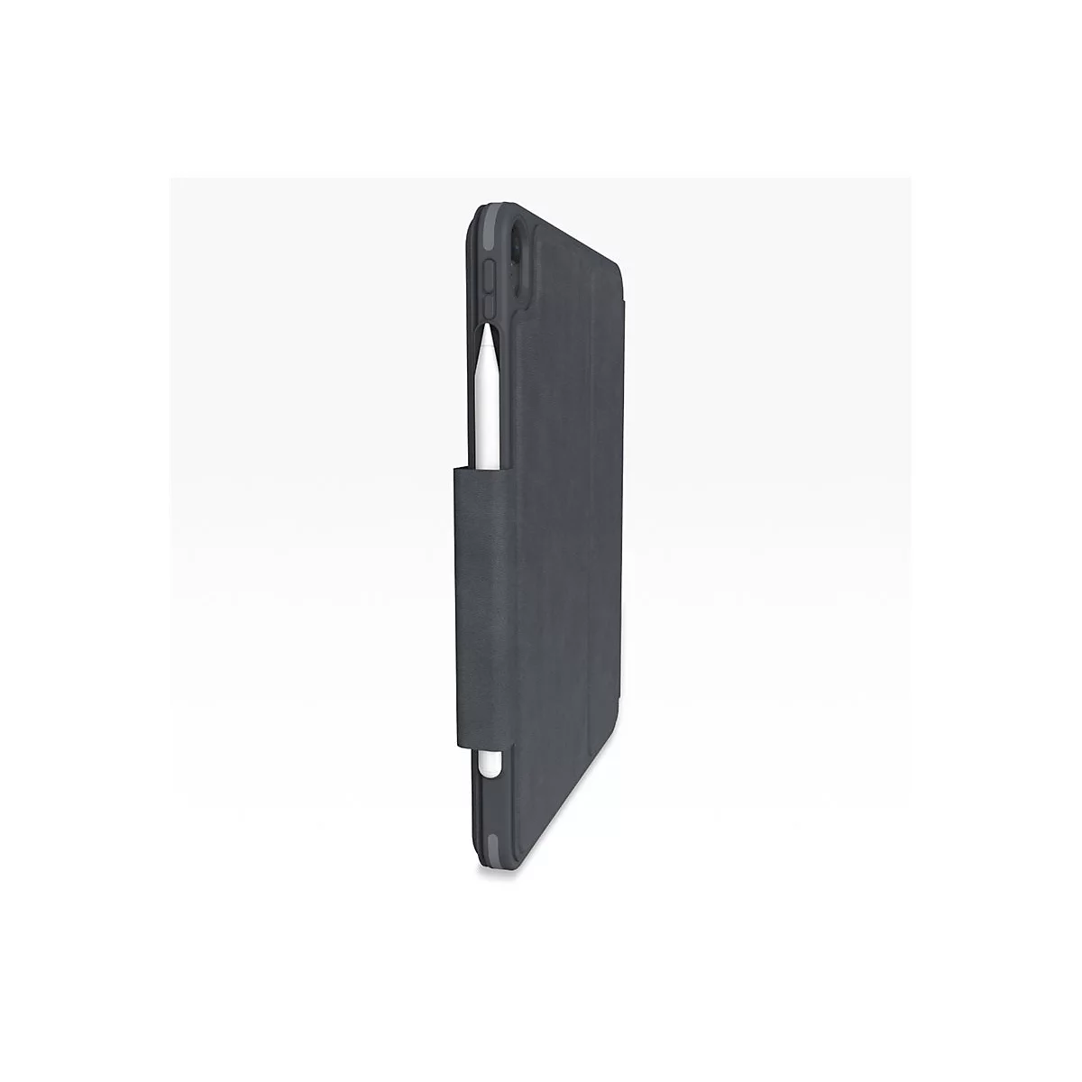 Housse d'iPad gris foncé avec un porte-stylo contenant un stylo blanc.
