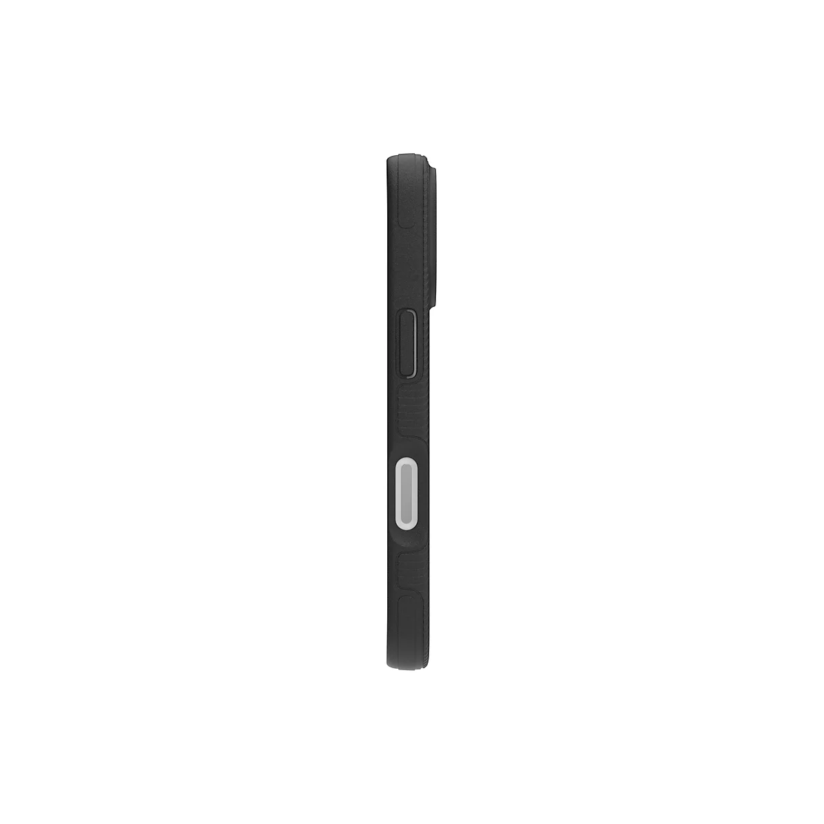 Schwarzes Handy Case im Profil auf weißem Hintergrund. Seite mit Knöpfen und Aussparung.