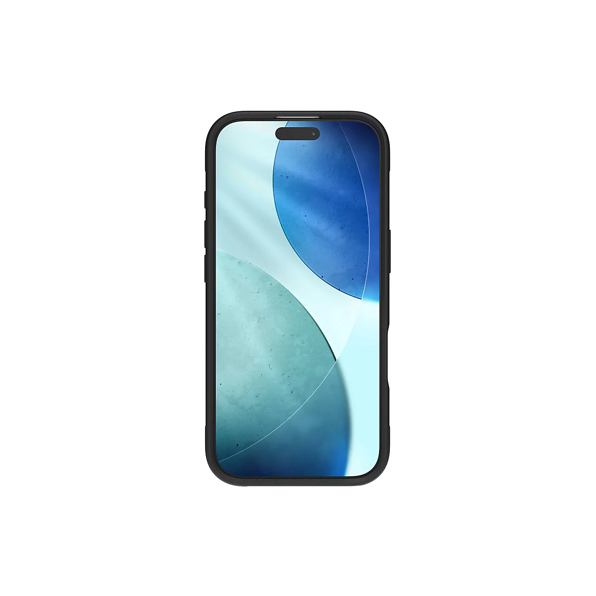 Smartphone in schwarzer Schutzhülle, Bildausschnitt mit Displayanzeige in Blau und Türkis vor weißem Hintergrund.