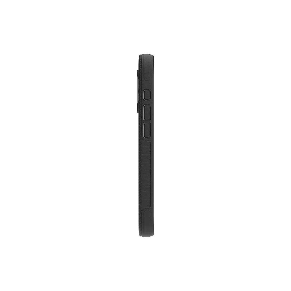 Schwarze Smartphone-Hülle im Seitenprofil. Knöpfe und texturierte Oberfläche sind sichtbar.