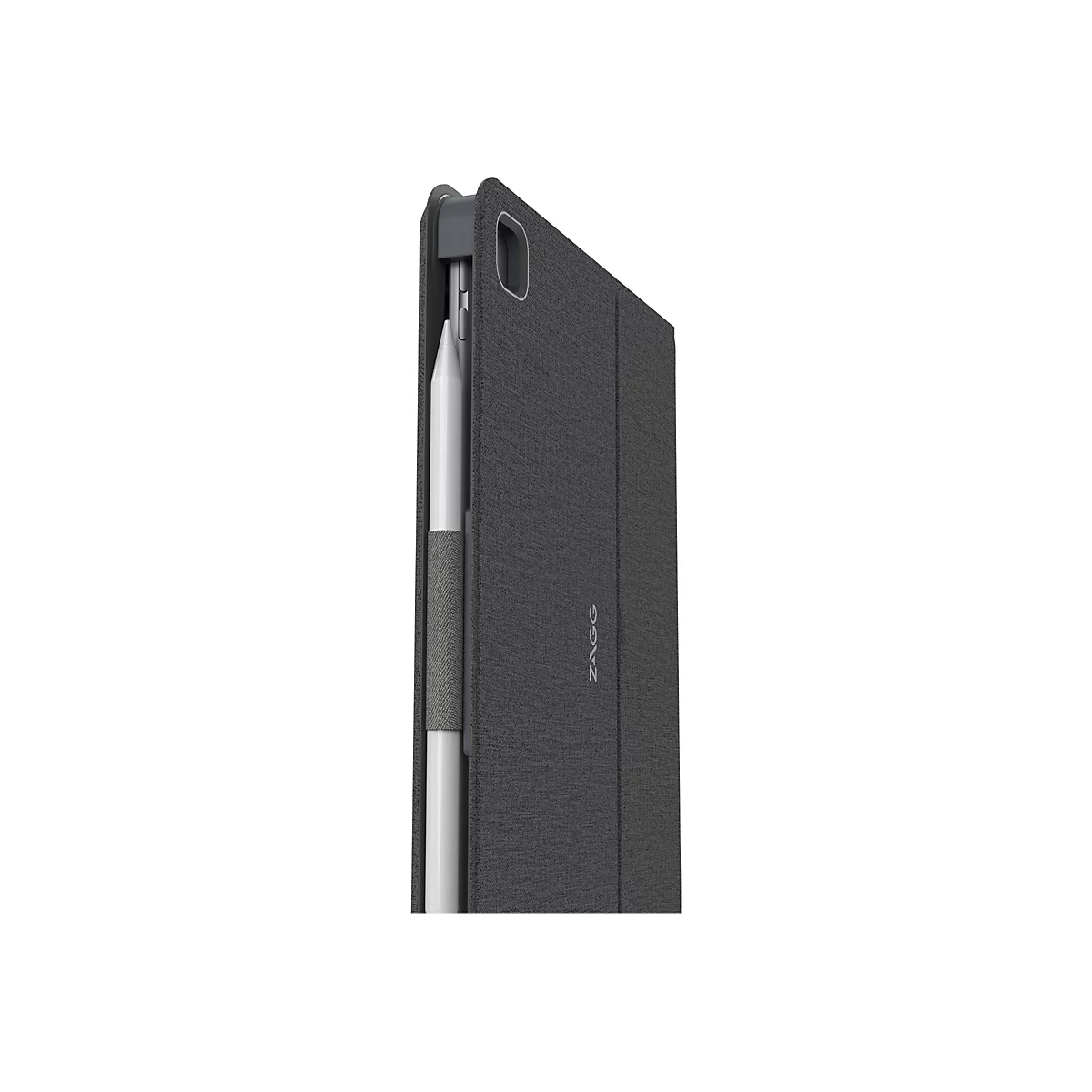 Ã‰tui de tablette gris avec boucle pour stylo, avec un stylo blanc Ã  l'intÃ©rieur.