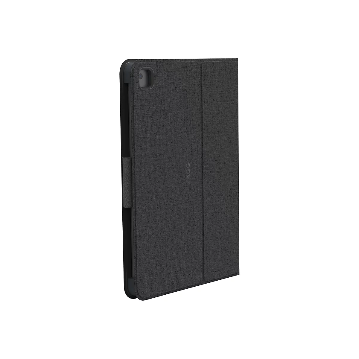 Ã‰tui de tablette noir fermÃ©. Un logo est visible sur le devant.