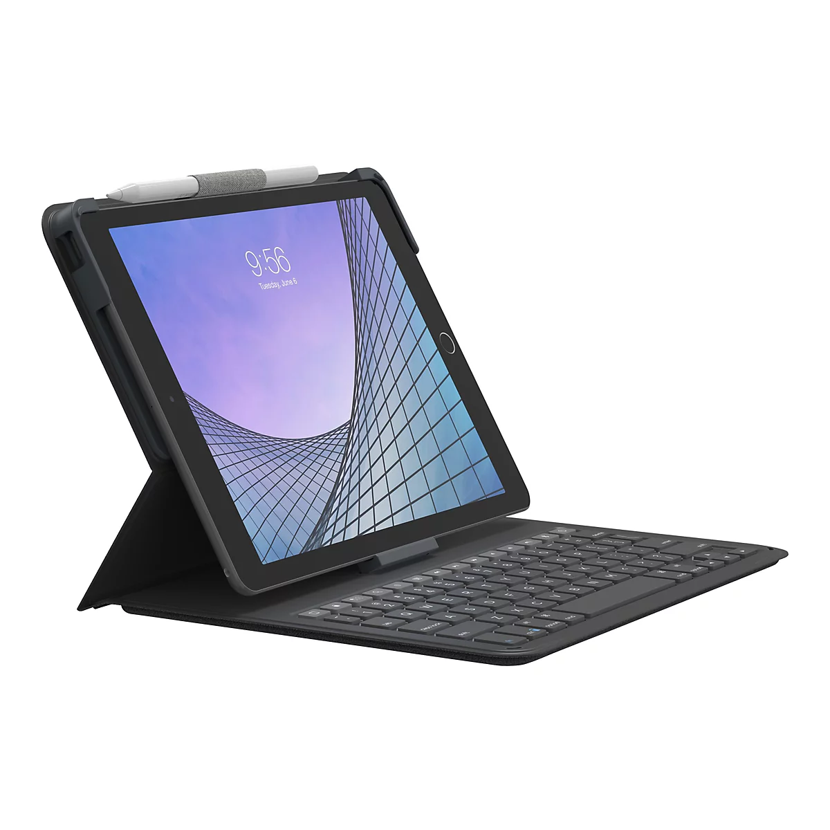 Tablette noire avec clavier, stylo, affichage de la date et de l'heure.