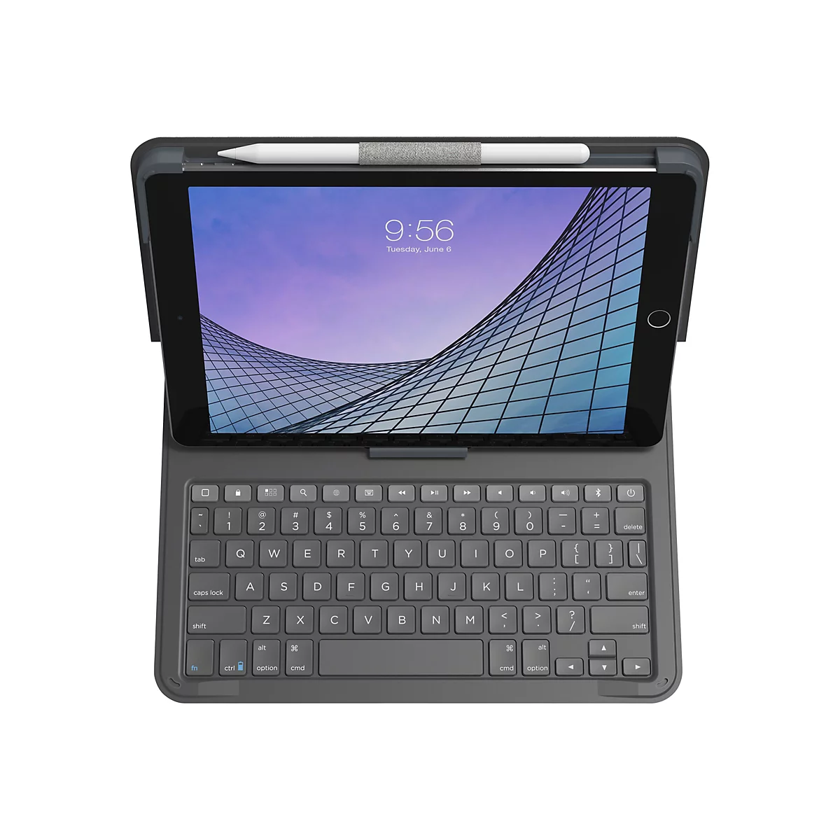 Une tablette avec Ã©tui clavier et stylo sur fond blanc. L'Ã©cran affiche 9:56 et un motif abstrait.