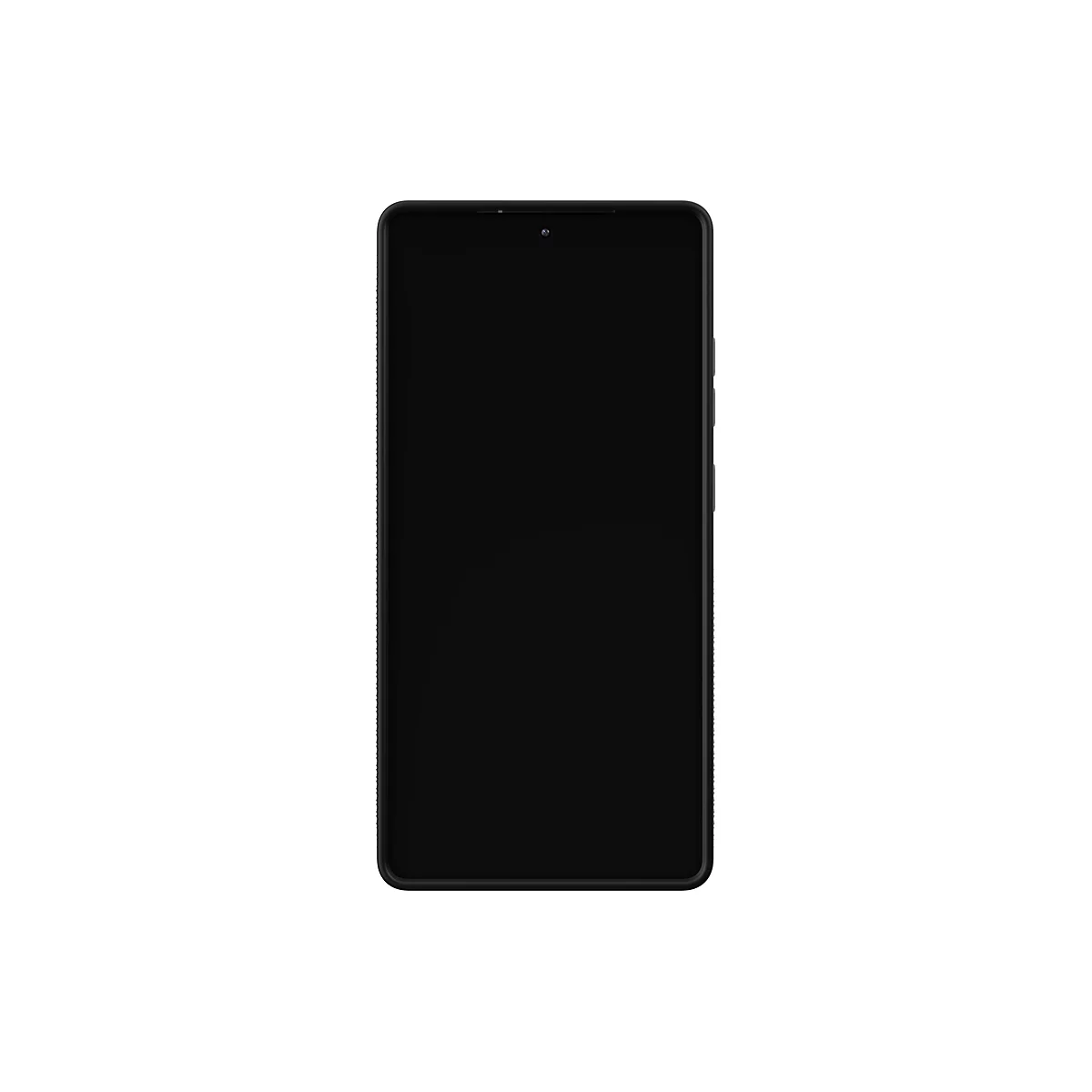 Ein schwarzes Smartphone vor weißem Hintergrund. Die Vorderseite ist komplett schwarz, die Ränder sind dunkel.