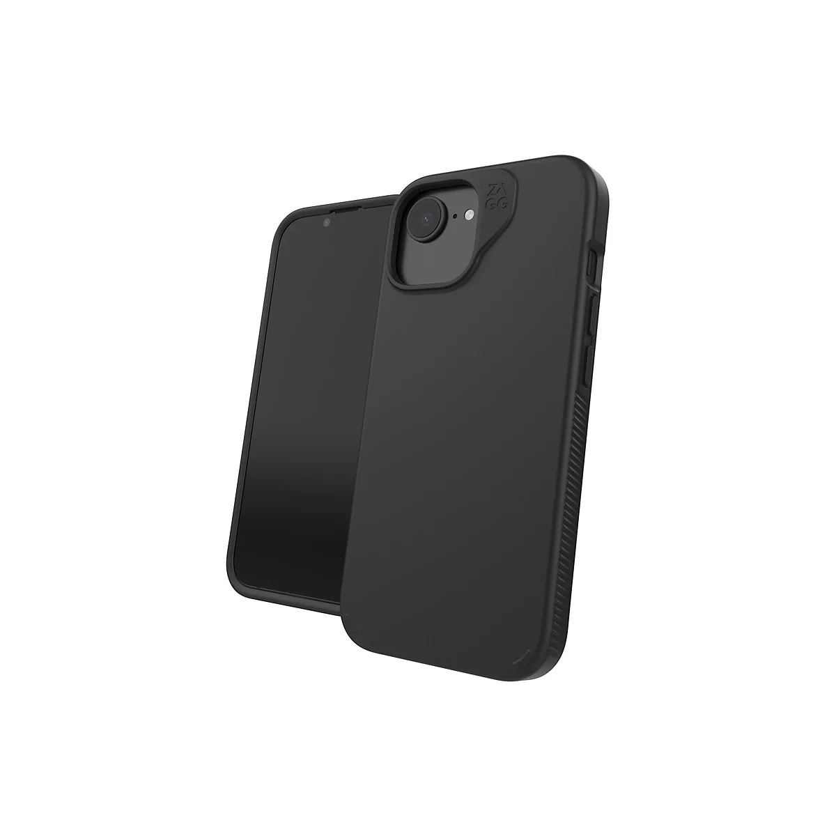 Schwarzes Smartphone mit Hülle, leicht schräg gestellt. Die Hülle schützt die Kamera und hat eine geriffelte Seite.