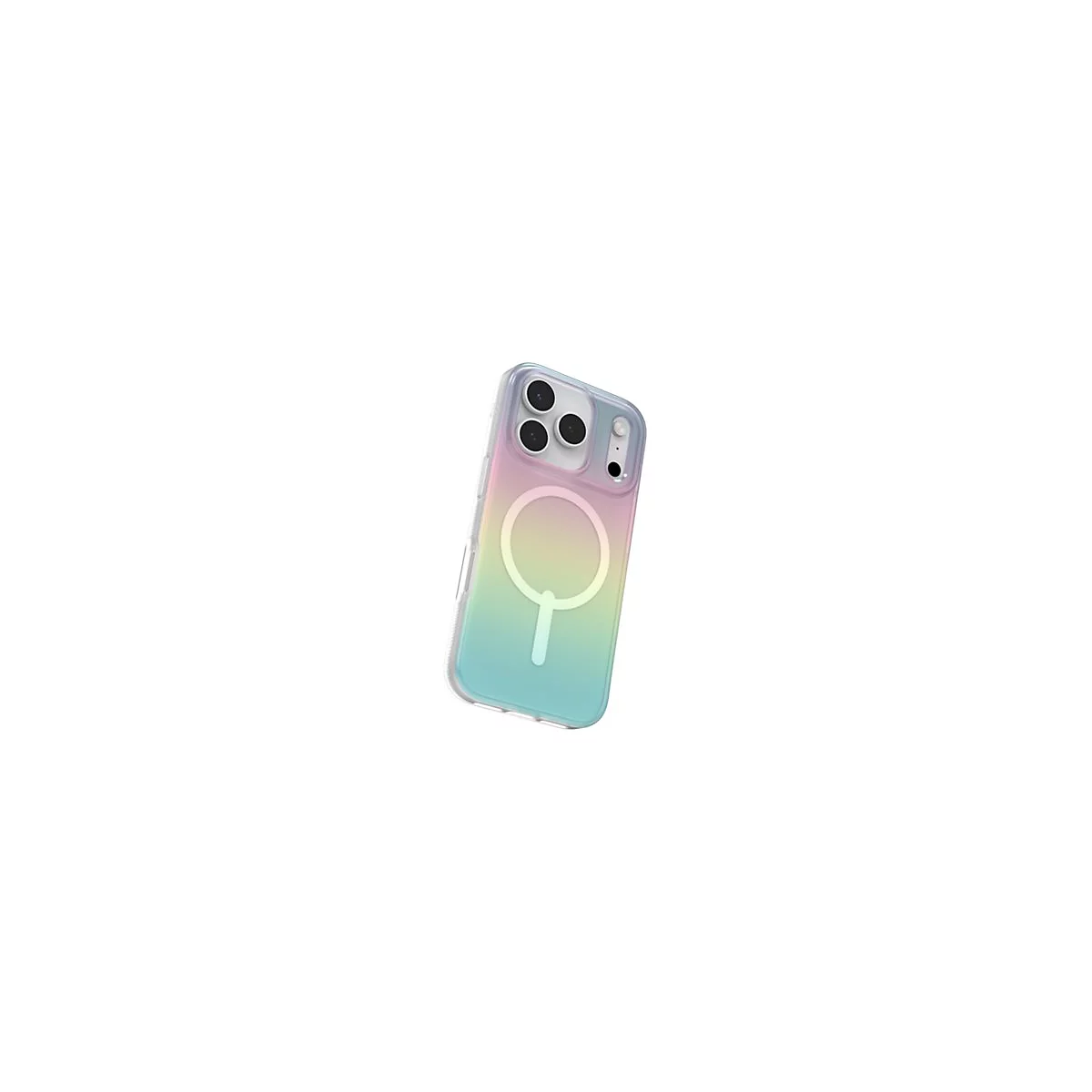 Ein iPhone-Handy in einer Hülle, die in Regenbogenfarben von Rosa über Gelb zu Blau verläuft, mit weißem Magnetring.