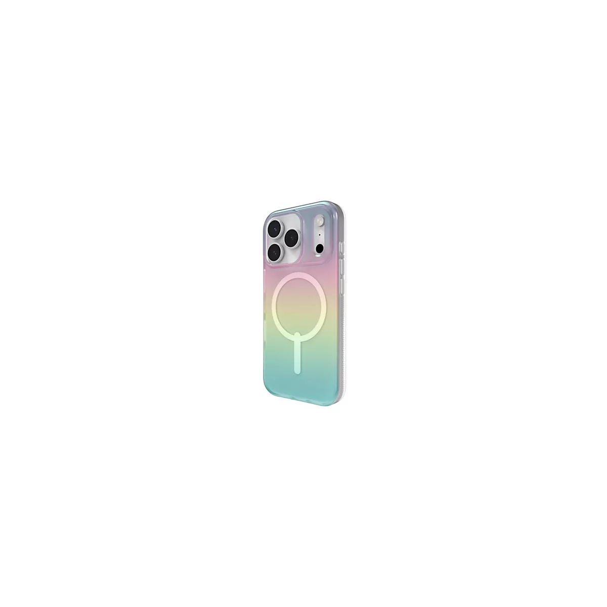 Ein iPhone mit einer farbigen Schutzhülle. Die Hülle ist transparent und zeigt einen Regenbogen-Farbverlauf von Rosa über Gelb nach Blaugrün.