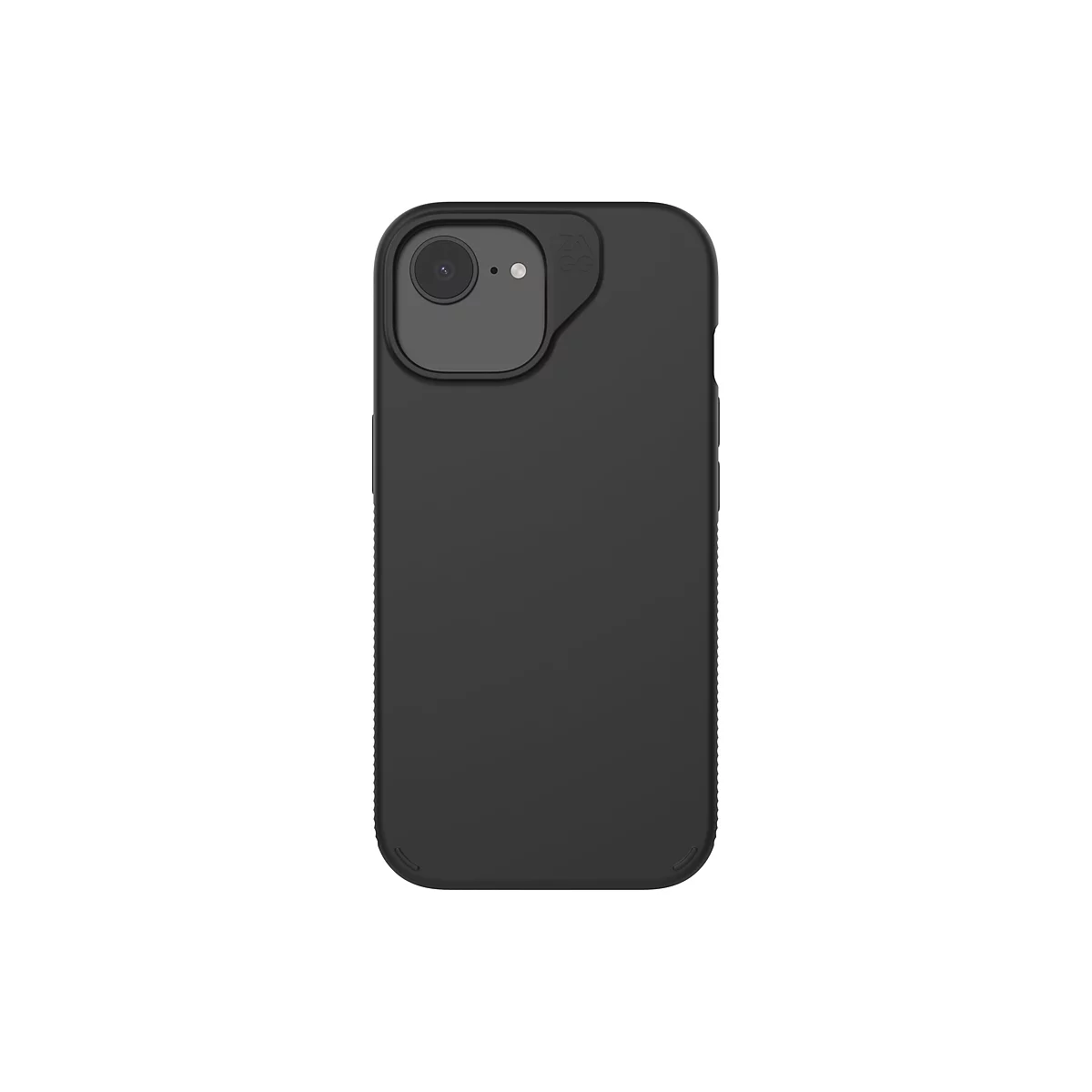 Coque de téléphone noire avec découpe pour appareil photo et côtés rainurés. Un logo est visible en haut.