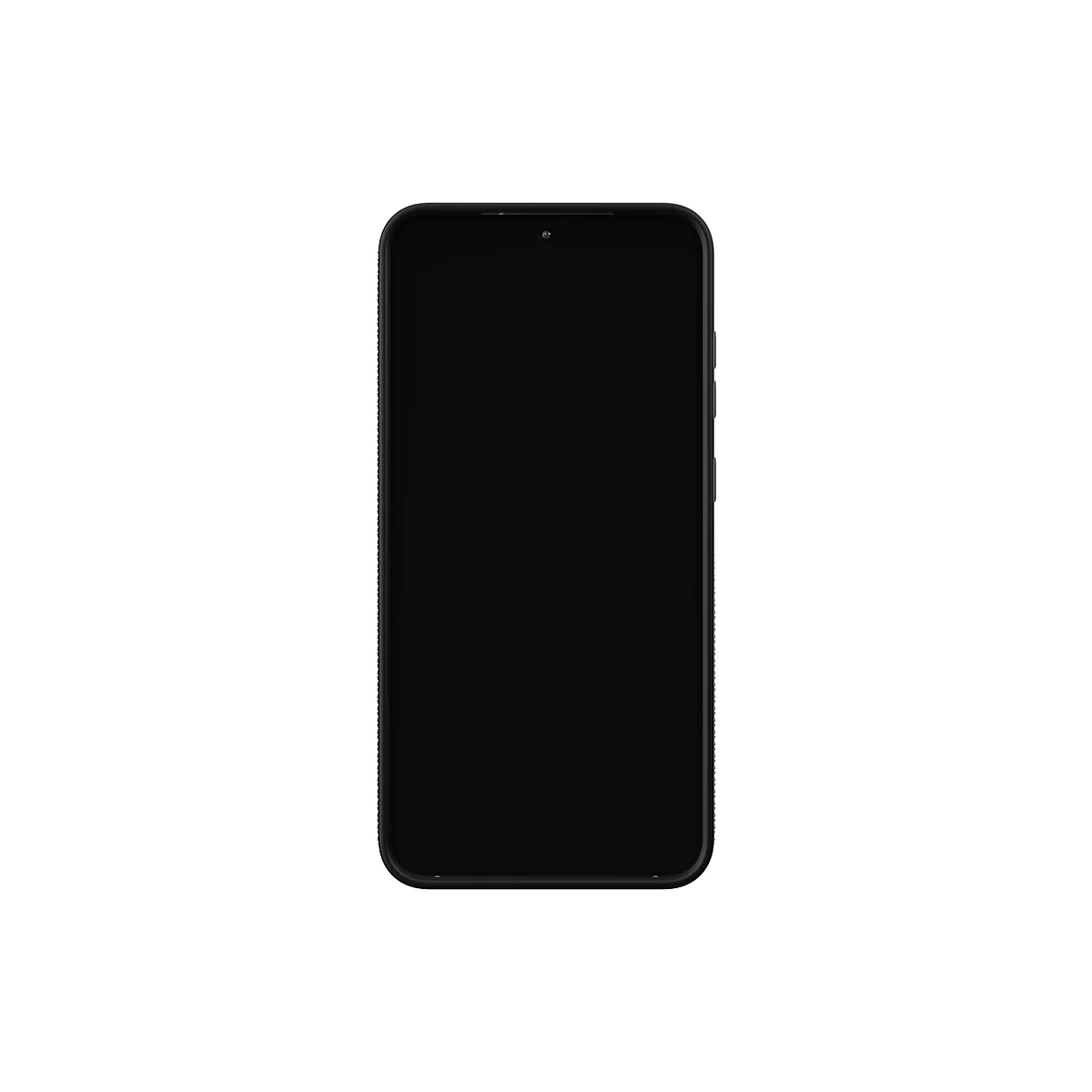 Un smartphone noir sur fond blanc. Il affiche un écran sombre avec des coins arrondis et une seule caméra frontale.