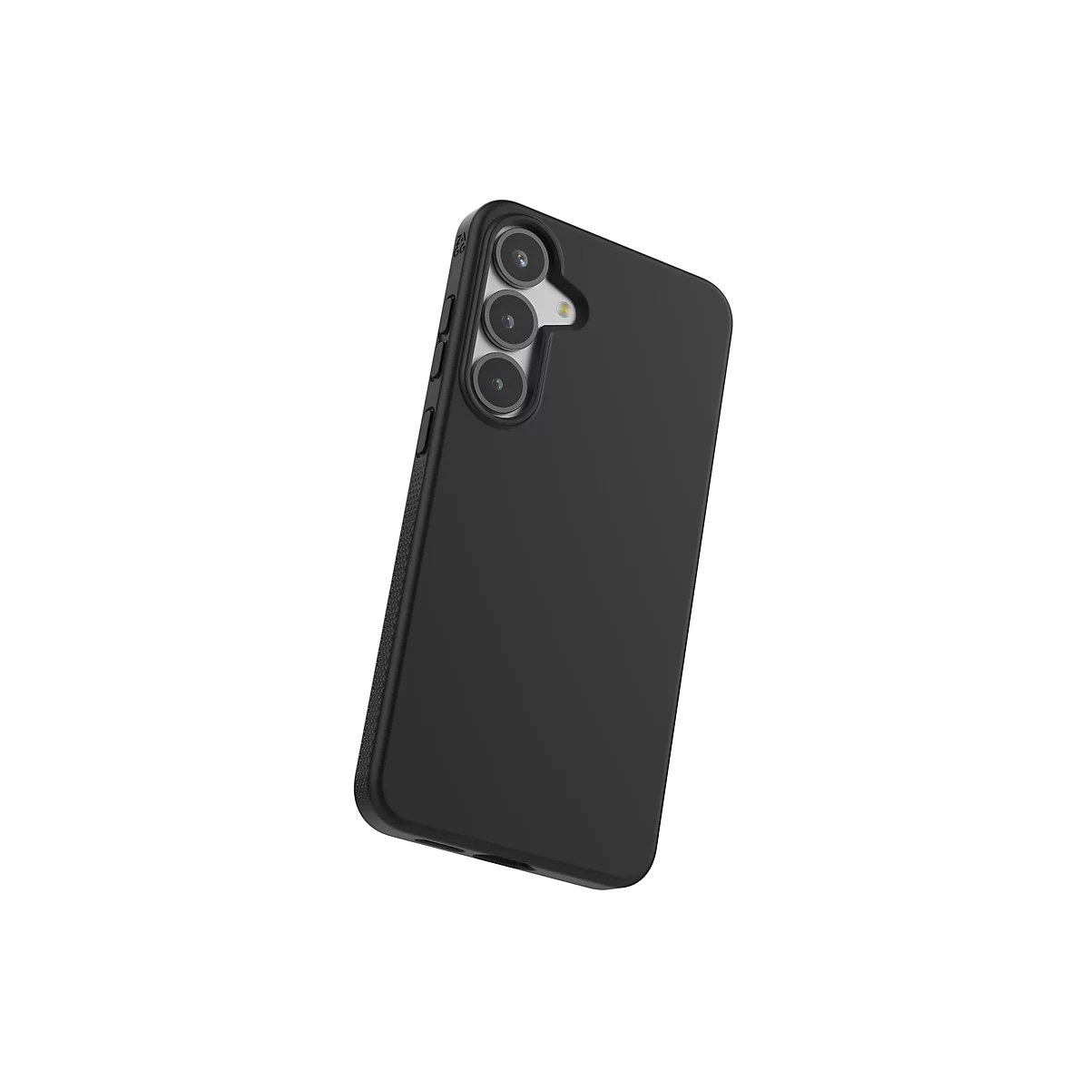 Coque de téléphone noire avec trois objectifs, légèrement inclinée sur fond blanc. La coque a des côtés texturés.