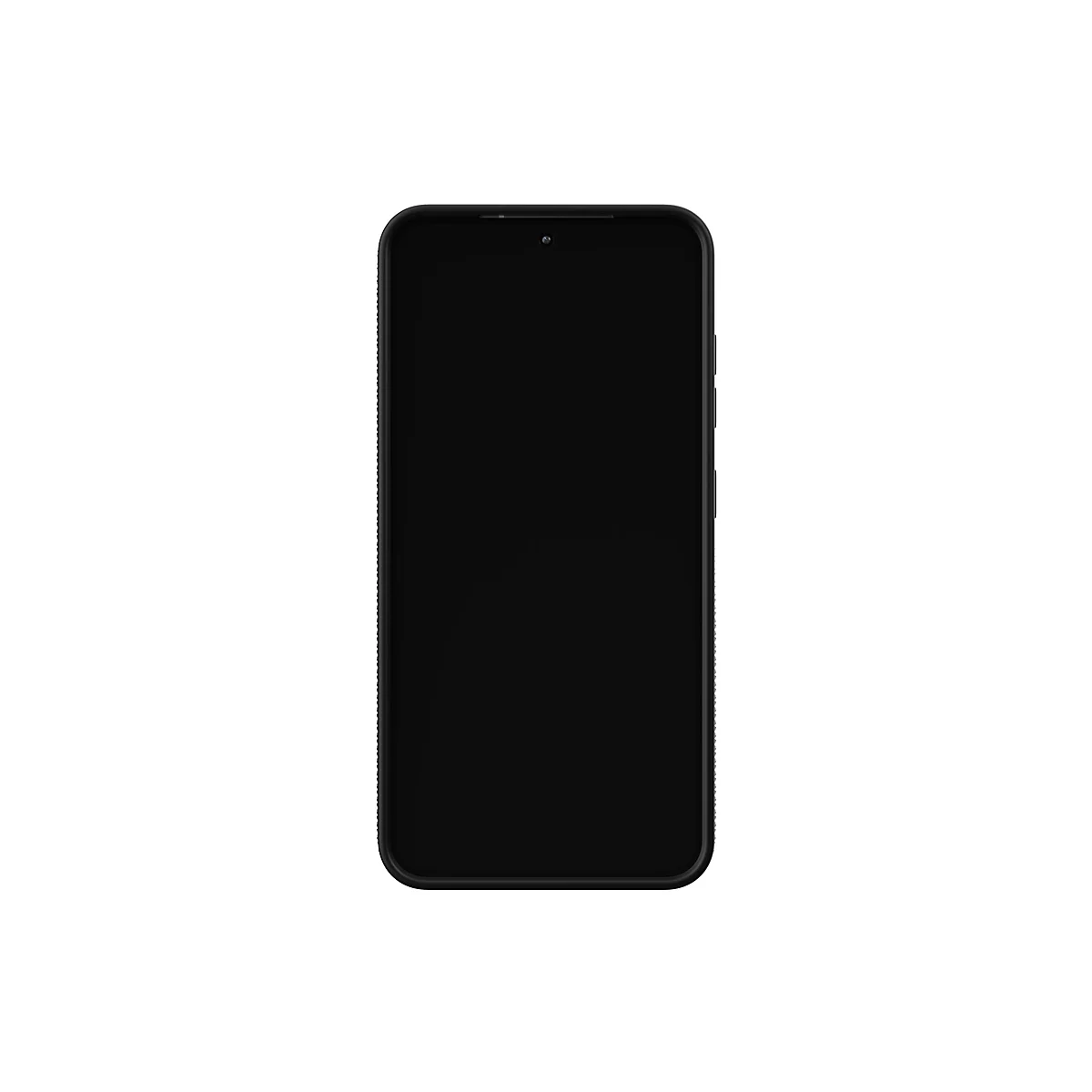 Un smartphone noir sur fond blanc. Il a un écran noir, une caméra en haut et des boutons sur le côté.