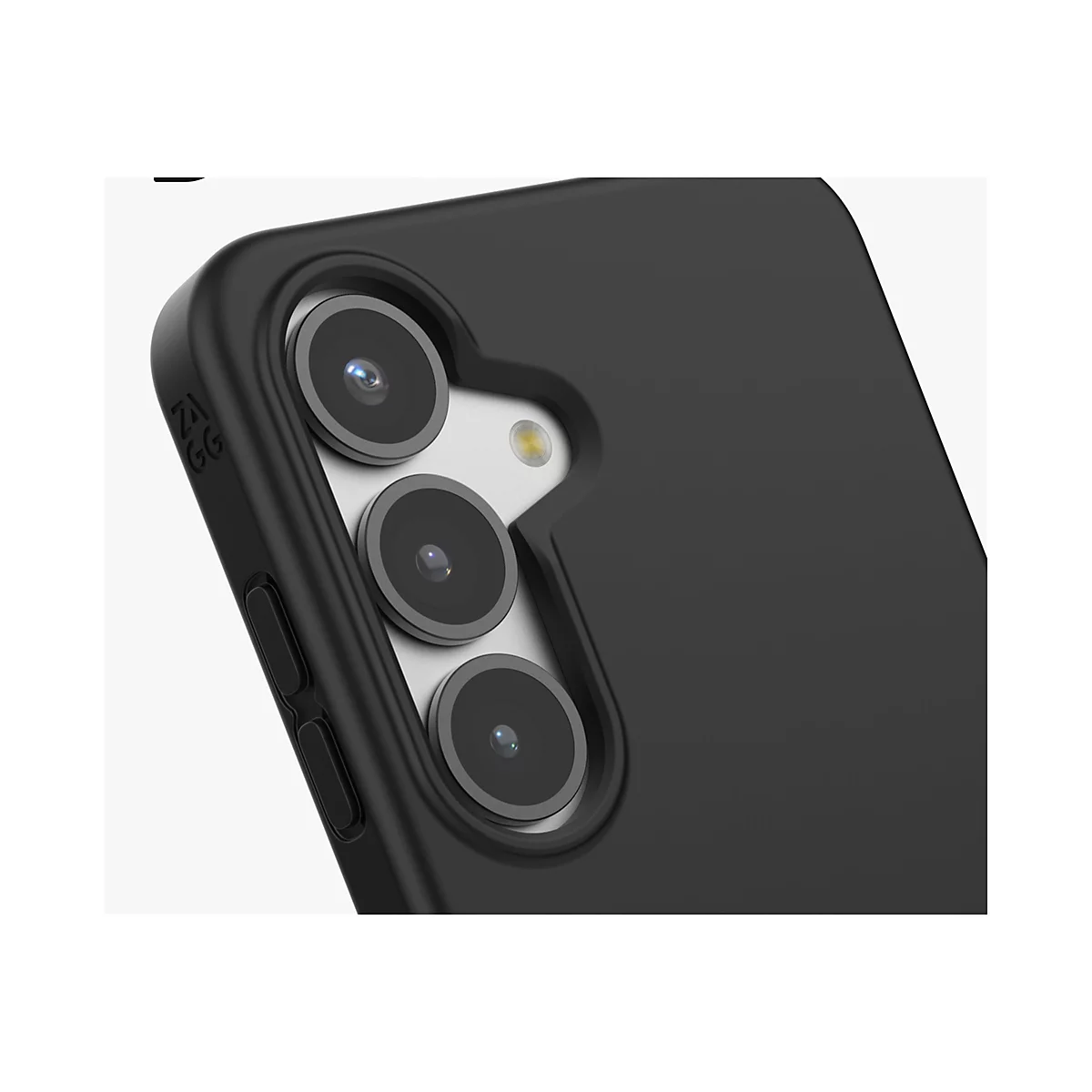 Gros plan d'un étui de téléphone noir avec trois lentilles d'appareil photo et un bouton. Le fond est blanc.