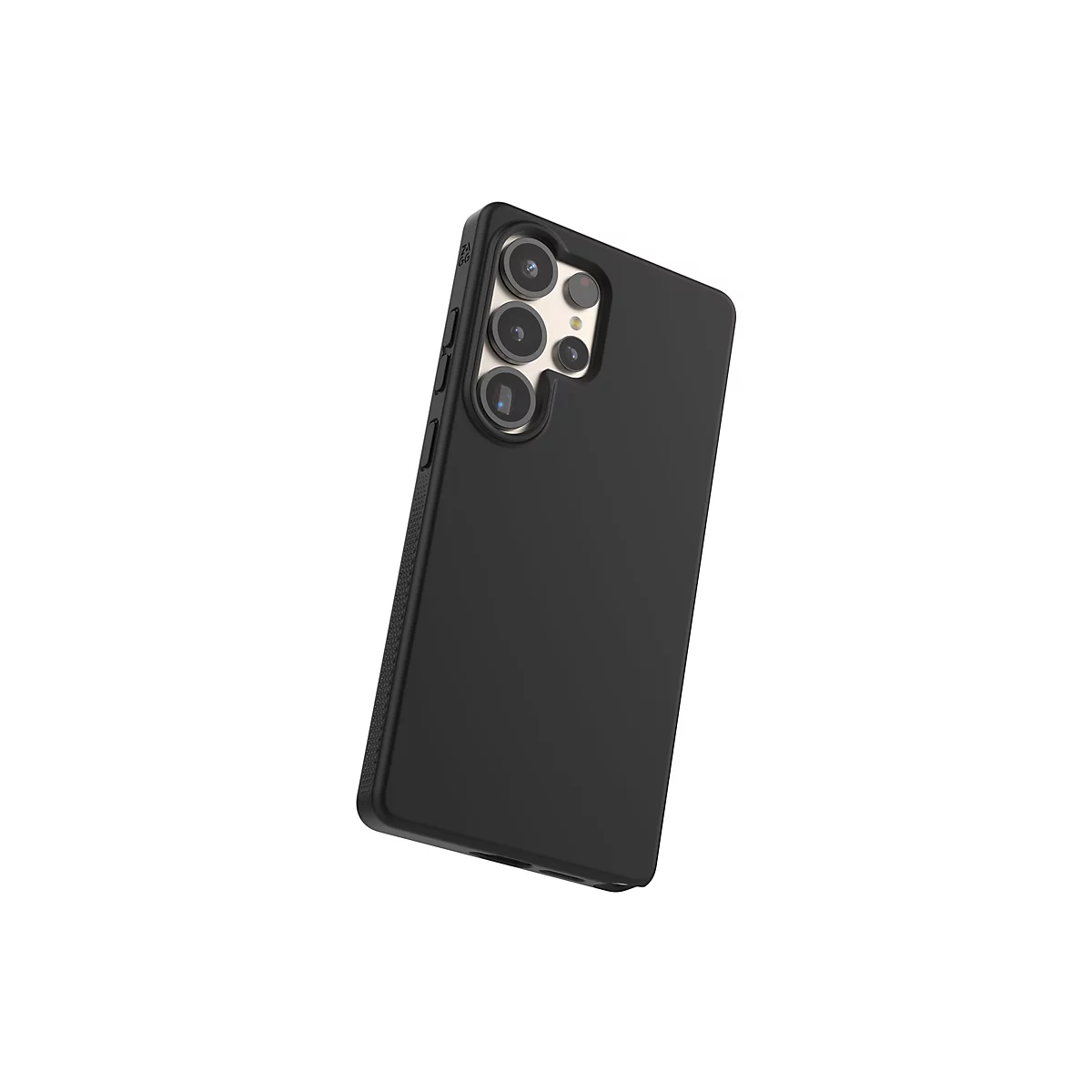 Coque de téléphone noire avec découpe pour appareil photo, légèrement inclinée, sur fond blanc.