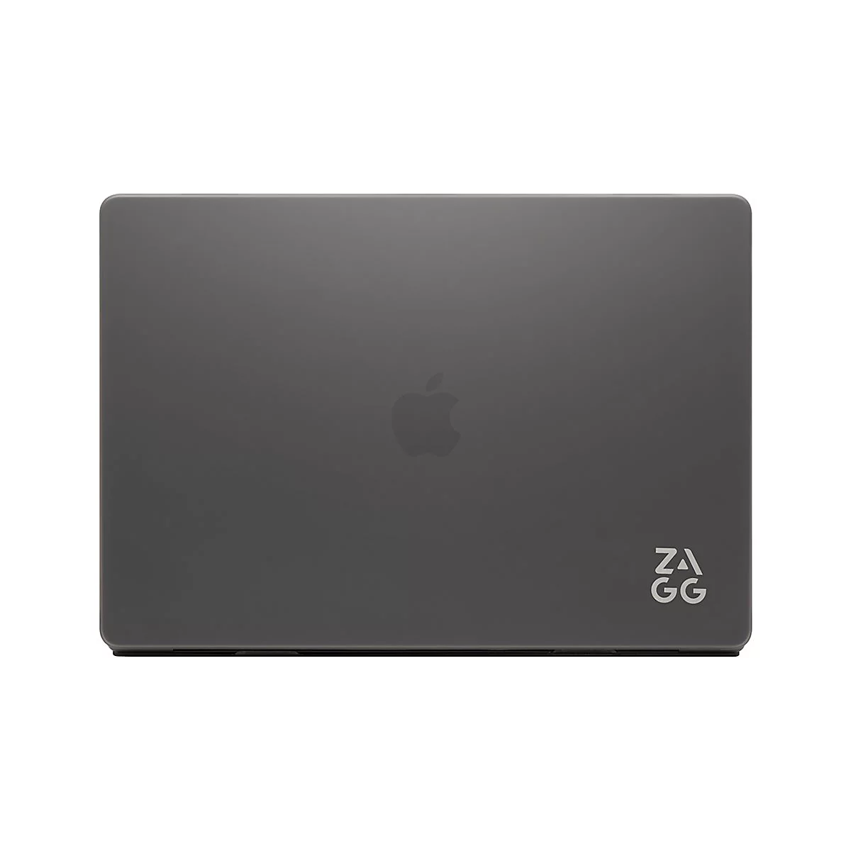 Dunkelgraues MacBook mit Apfel-Logo. Rechts unten befindet sich ein weißes ZAGG-Logo.
