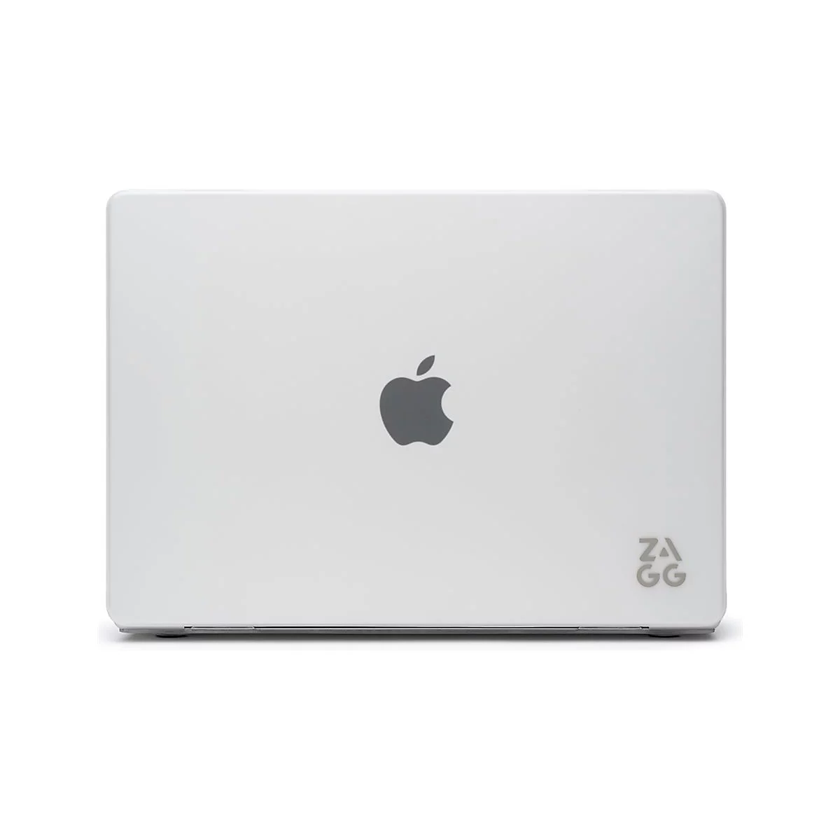 Hellgraues Macbook mit Apple-Logo. Unten rechts Logo: ZAGG.