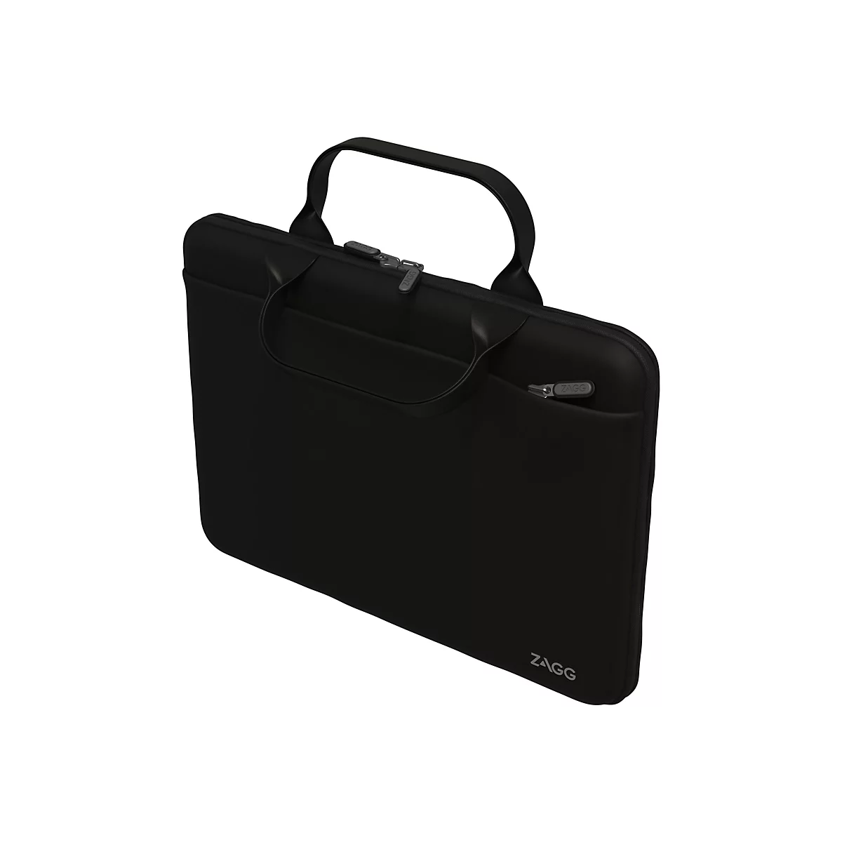 Schwarze Laptoptasche mit Tragegriff. Logo "ZAGG" auf der Tasche und am Reißverschluss.