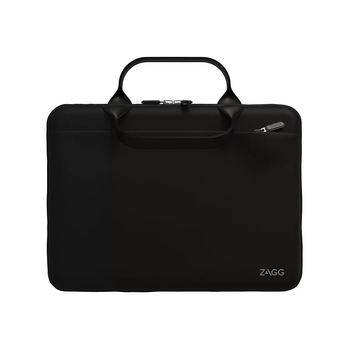 Schwarze Laptoptasche mit Tragegriff. Reißverschluss, ZAGG Logo.