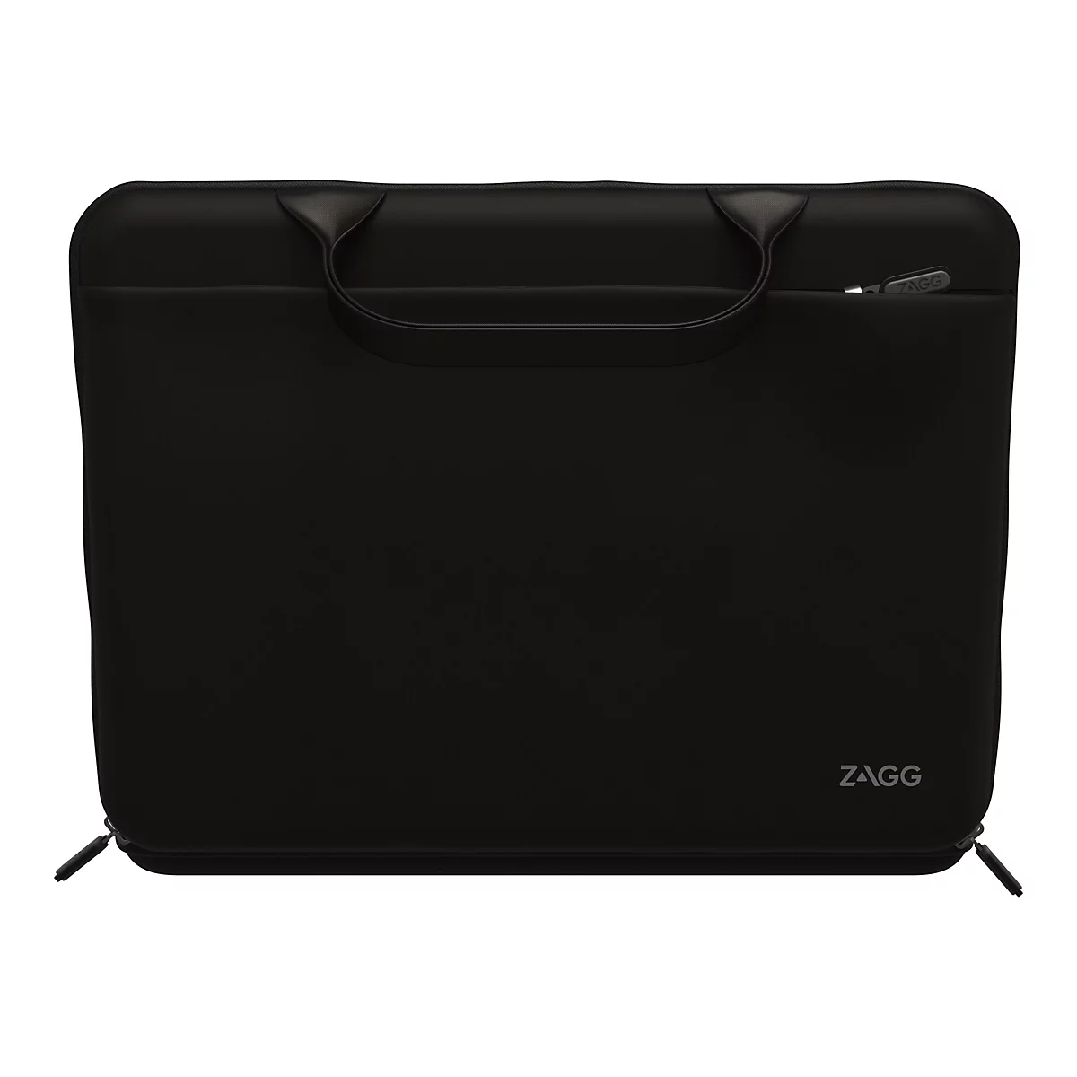 Schwarze Laptoptasche mit Tragegriff. Reißverschluss, ZAGG Logo.