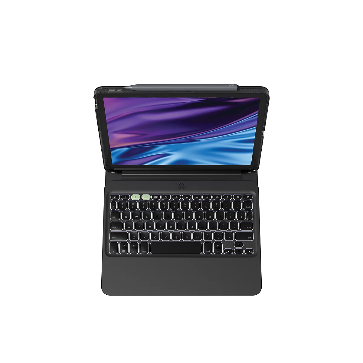 Vue de dessus d'une tablette noire avec un clavier attaché et un porte-stylet. La tablette est ouverte, l'écran affiche un fond violet.