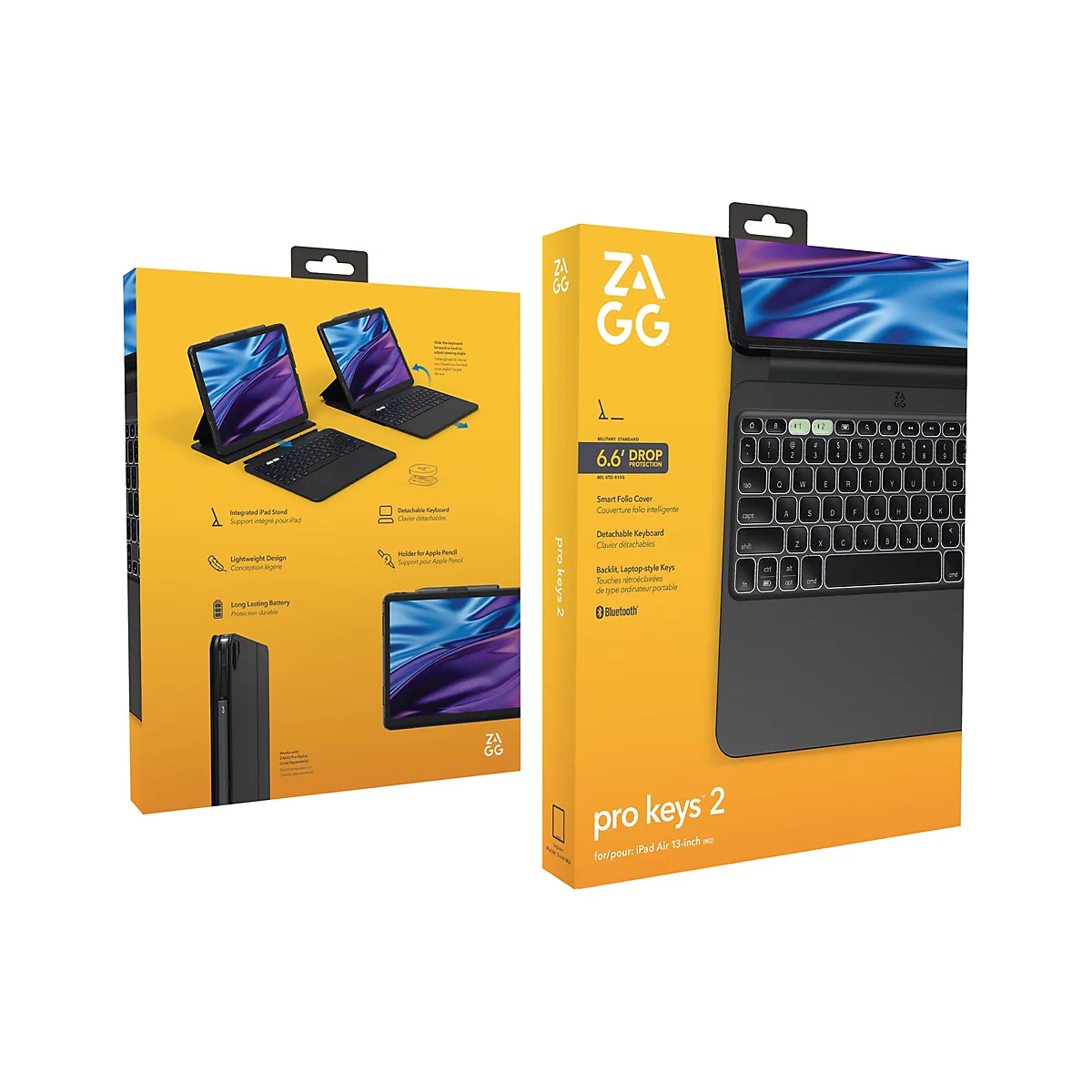 Eine Produktverpackung der Marke ZAGG für ein iPad-Keyboard mit dem Namen Pro Keys 2. Die Verpackung zeigt das Keyboard und ein iPad in schwarzer Farbe, die auf einem gelben Hintergrund vor einem weißen Hintergrund platziert sind. Details sind in franz...