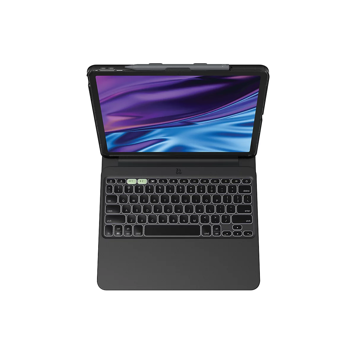 Ein schwarzes Tablet mit Tastaturhülle, das Display ist geöffnet und zeigt einen lilafarbenen Hintergrund.