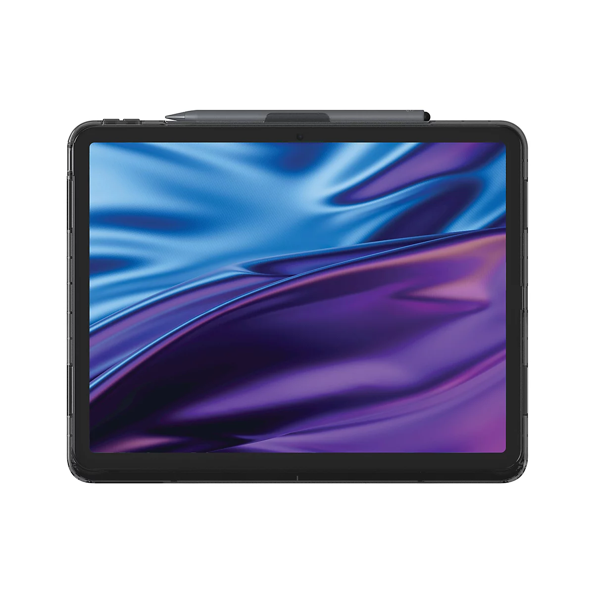 Ein schwarzes Tablet mit Stift, der am oberen Rand befestigt ist. Auf dem Bildschirm ist ein abstrakter Hintergrund in Blau- und Lilatönen zu sehen.