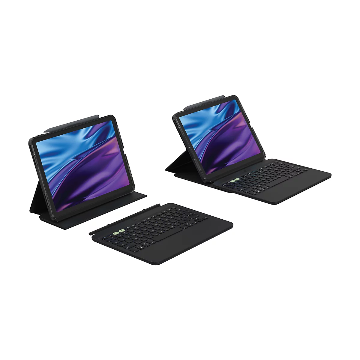 Ein schwarzes Tablet mit Tastatur und Stift in verschiedenen Perspektiven auf weißem Hintergrund. Das Display zeigt eine violett-blaue Grafik.