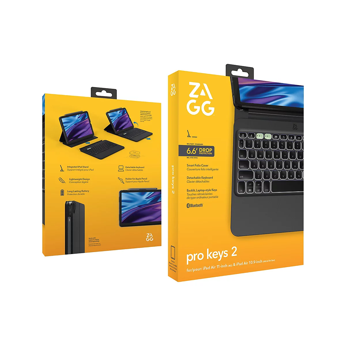 Der Karton der iPad-Tastaturhülle ZAGG Pro Keys 2 vor gelbem Hintergrund. Auf dem Karton werden die Eigenschaften des Produkts und ein Bild des Produkts selbst angezeigt.
