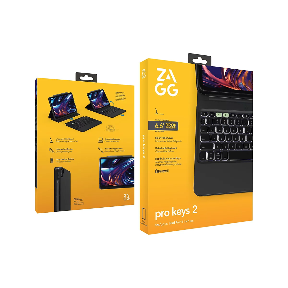 Eine Produktverpackung der Marke ZAGG. Zu sehen ist eine schwarze Tastaturhülle für ein iPad, hervorgehoben durch gelbe Akzente. Das Produkt mit dem Namen "pro keys 2" ist für ein iPad Pro 11-Zoll (M4) konzipiert. Auf der Verpackung sind Produktmerkmal...