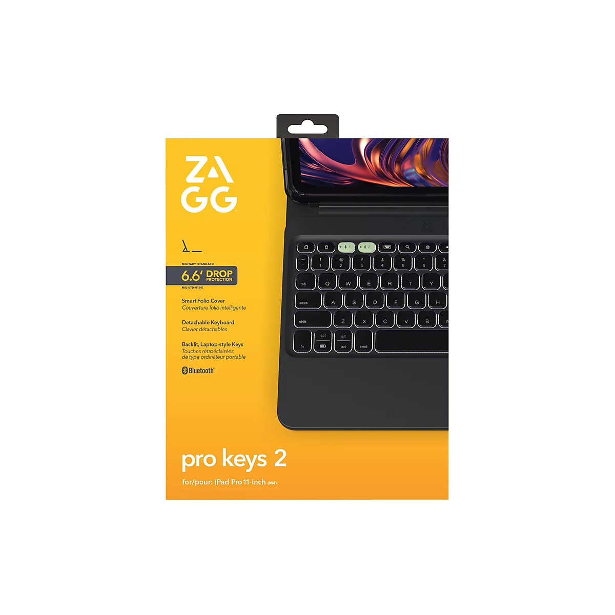 Eine schwarze Tastatur für ein iPad Pro 11-Zoll-Modell. Auf der gelben Verpackung ist das ZAGG-Logo zu sehen.