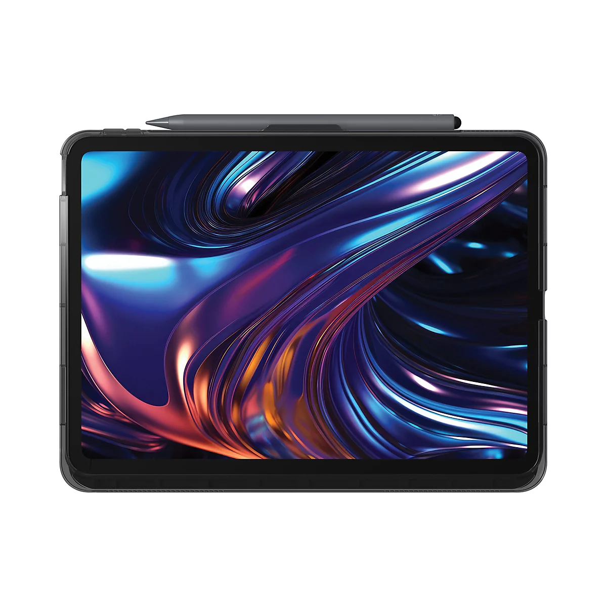 Dunkelgraues Tablet mit Stylus. Auf dem Display eine abstrakte, fließende Grafik in Blau-, Lila- und Goldtönen. Das Tablet ist in einer Hülle.