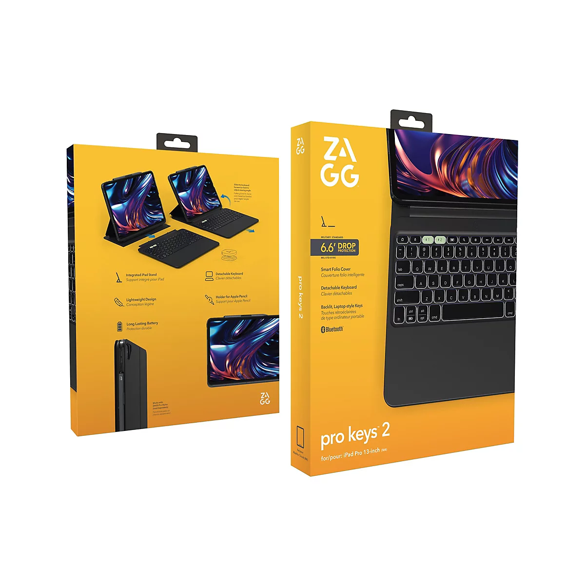 Eine Produktverpackung zeigt eine iPad-Tastatur. Auf gelbem Hintergrund sind ein Tablet mit aufgesetzter Tastatur, Merkmale und Funktionen des Produkts und das Logo des Herstellers zu sehen.