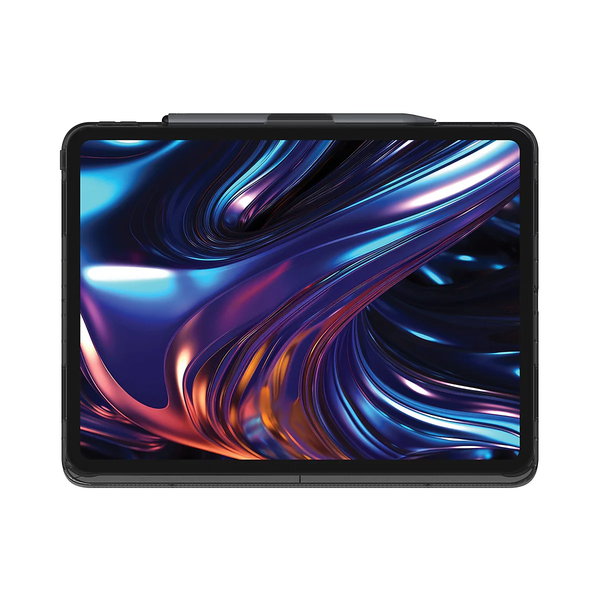 Ein Tablet mit Hülle und Stift vor weißem Hintergrund. Das Display zeigt eine abstrakte, farbenfrohe Grafik.