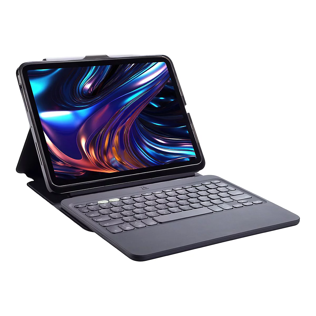 Dunkelgraues Tablet mit Tastatur und Stift, geöffnet. Bildschirm zeigt abstraktes, blau-lilafarbenes Muster. Das Tablet liegt auf weißem Grund.