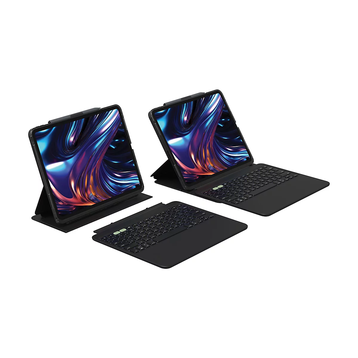 Drei schwarze Tablets mit Tastatur, vor weißem Hintergrund. Ein Tablet ist hochgestellt, zwei weitere liegen daneben, eines mit separater Tastatur.