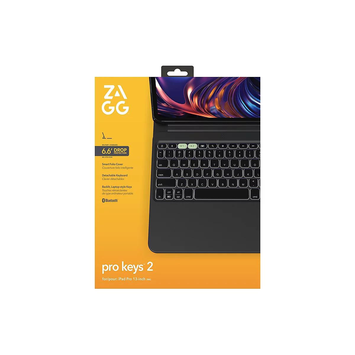 Ein Produktfoto zeigt eine schwarze Tastatur für ein Tablet, umgeben von einer gelben Box mit Produktinformationen und dem ZAGG-Logo.
