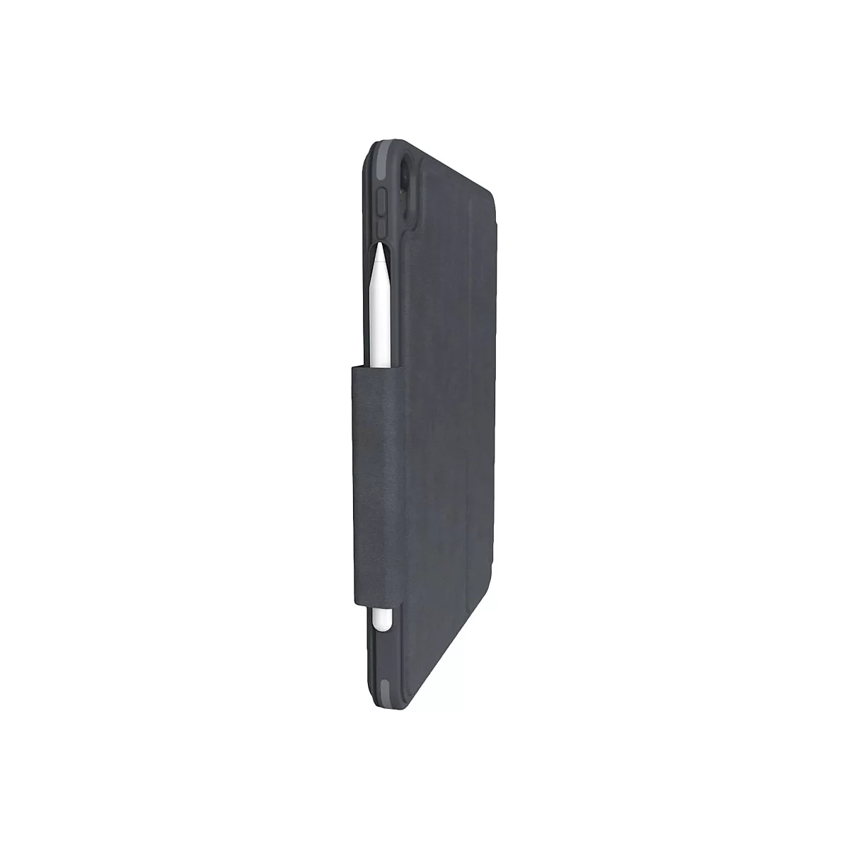 Étui de tablette gris foncé avec porte-stylet. Le stylet est blanc.