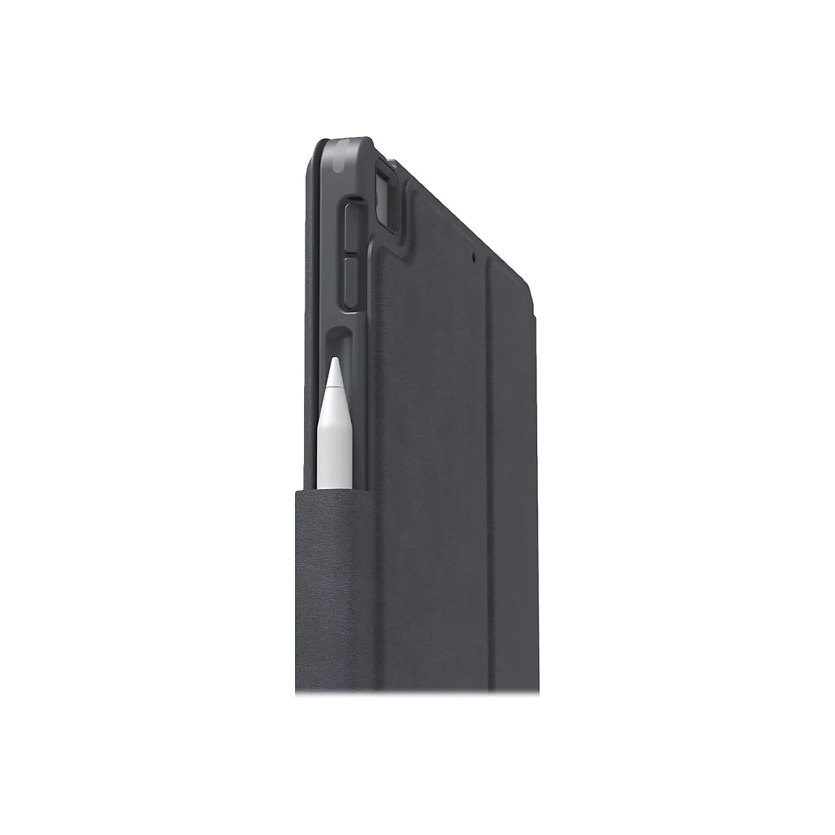 Housse de tablette gris foncé avec stylet blanc. Le stylet est inséré dans un support. Le fond est blanc.