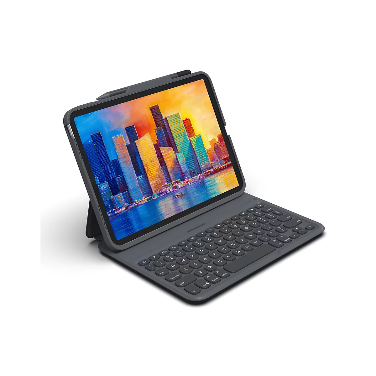 Graues Tablet mit abnehmbarer Tastatur und Stift. Das Tablet zeigt eine farbenfrohe Stadtlandschaft.