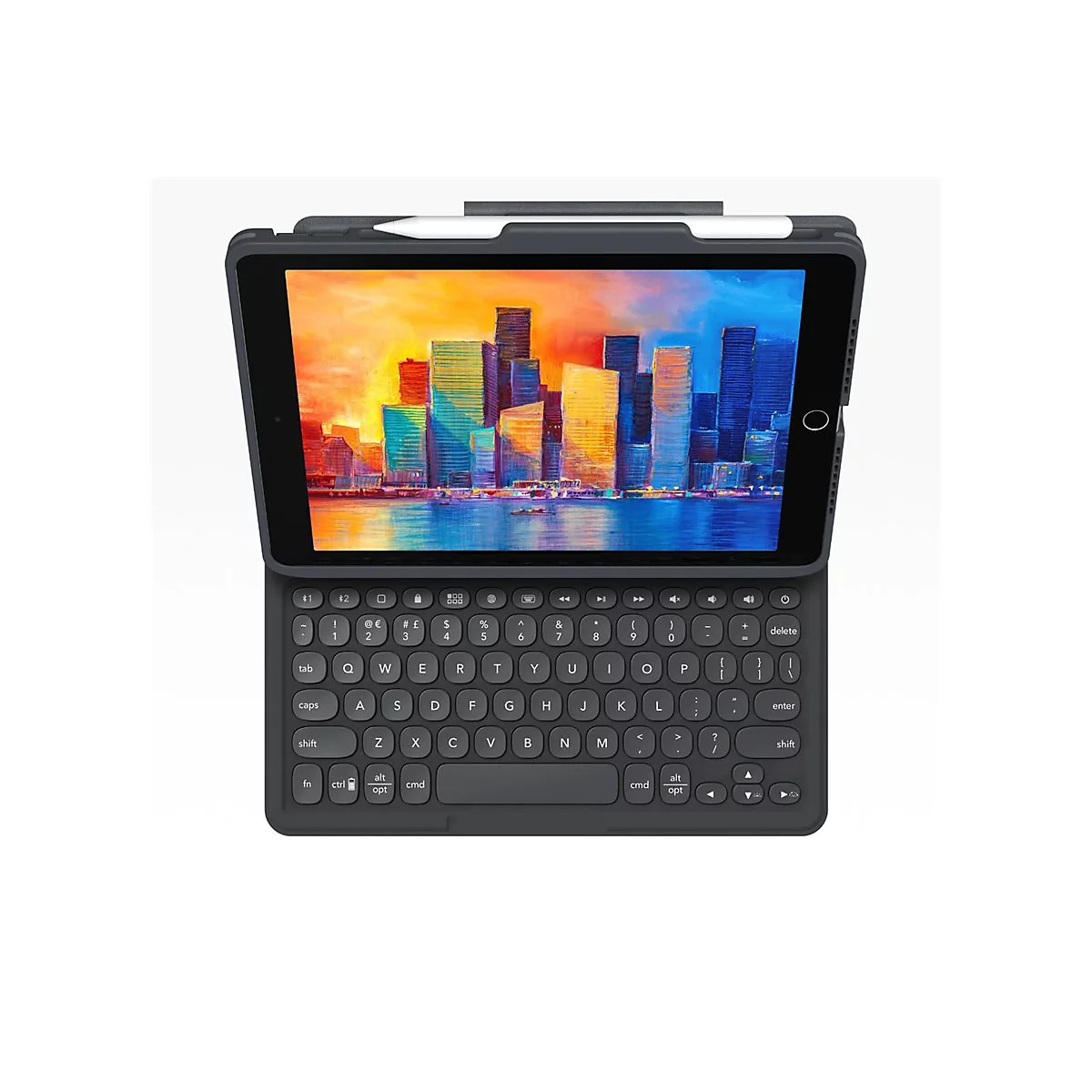 Ein Tablet mit Tastaturhülle, das einen bunten Stadtblick zeigt. Der Stift ist oben befestigt.